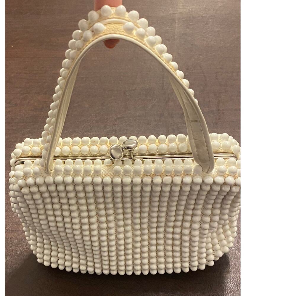 Vintage White Beaded Purse 60s Top Handle Bag Retro Rockabilly Tradwife Pinup‎